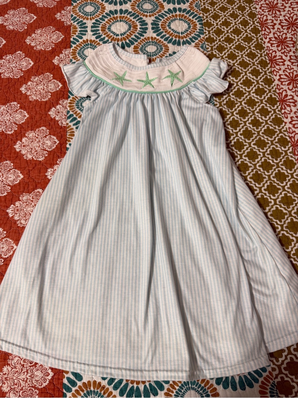 Light Blue Striped Smocked Starfish Kids Dress